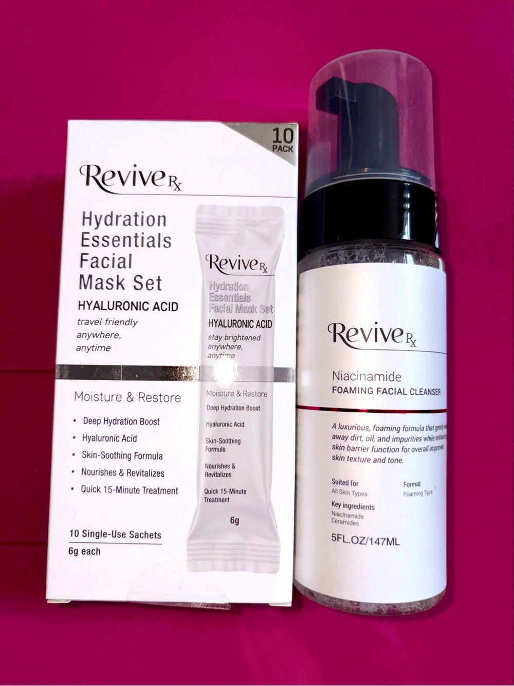 2 PC Revive Rx Bundle: Niacinamide Foaming Cleanser & Hyaluronic Acid 10-PK Mask
